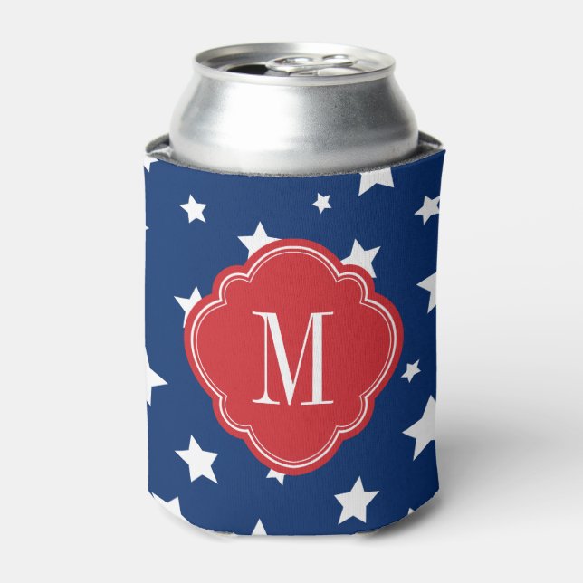 Red White and Blue Patriotic Stars Monogram Can Cooler (Can Front)