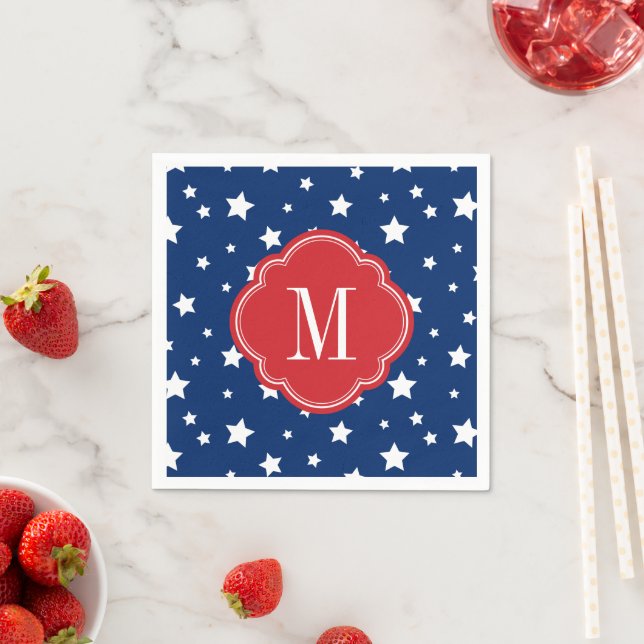 Red White and Blue Patriotic Stars Monogram Napkin (Insitu)