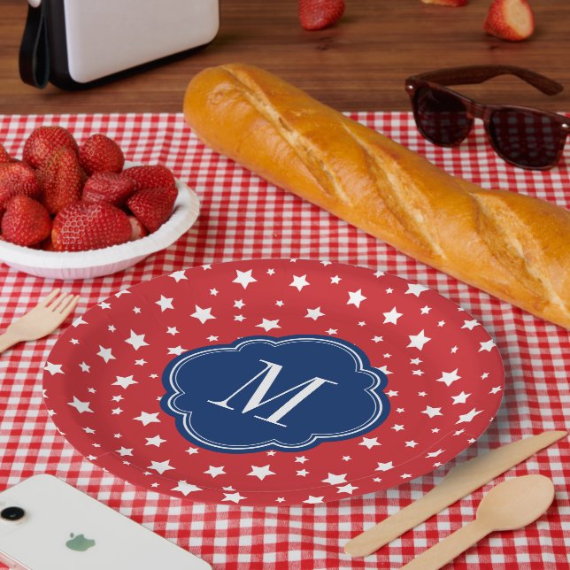 Red White and Blue Patriotic Stars Monogram Paper Plate (Picnic)