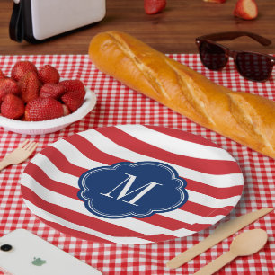 Red White and Blue Patriotic Stripes Monogram Paper Plate