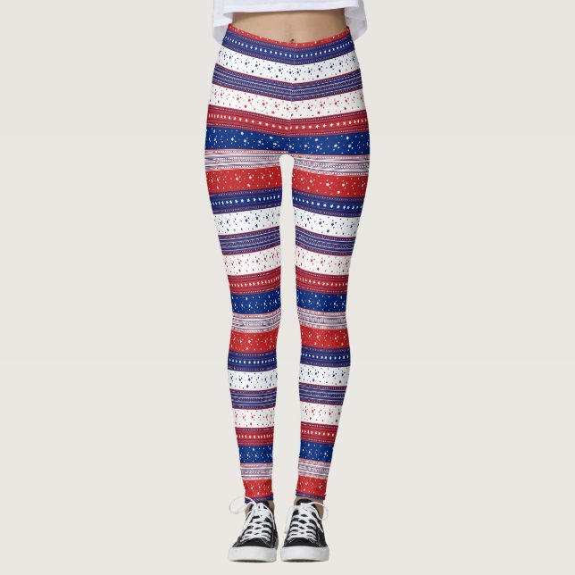 Red white and blue patriotic stripes pattern leggings (Front)