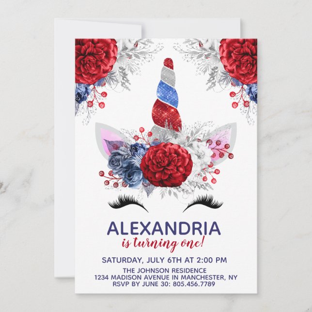 Red, White and Blue Patriotic Unicorn Birthday Invitation (Front)