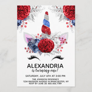 Red, White and Blue Patriotic Unicorn Birthday Invitation