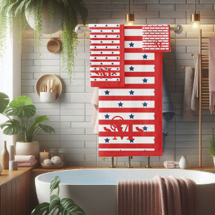 Red White and Blue Pattern Stars Stripes Monogram  Bath Towel Set