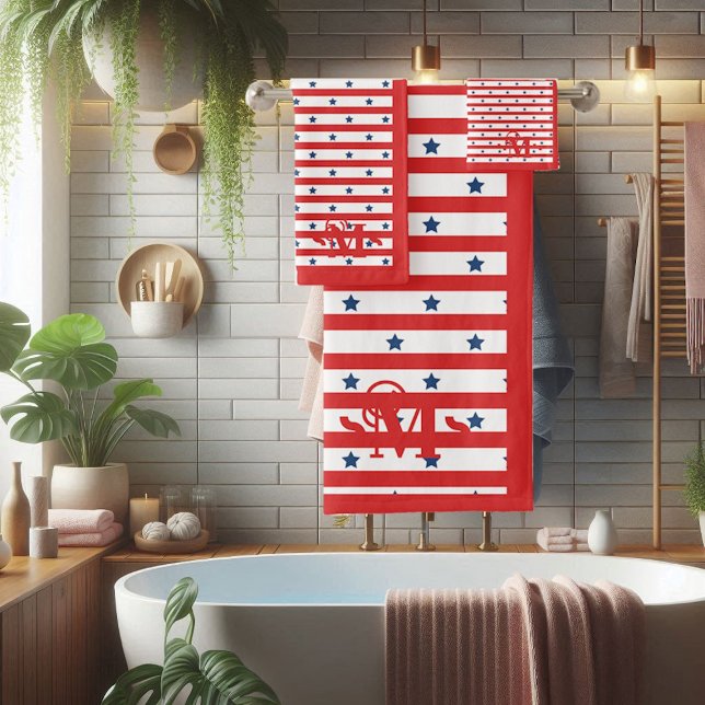 Red White and Blue Pattern Stars Stripes Monogram  Bath Towel Set (Red White and Blue Pattern Stars Stripes Monogram Bath Towel Set)