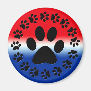 Red White and Blue Paw Prints Circle Magnet
