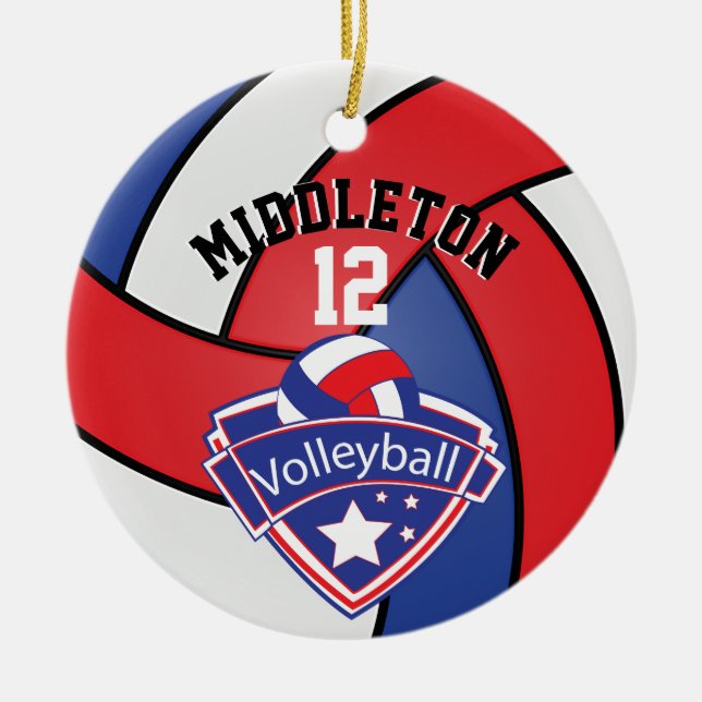 🏐 Red, White and Blue Personalise Volleyball Ceramic Ornament (Front)