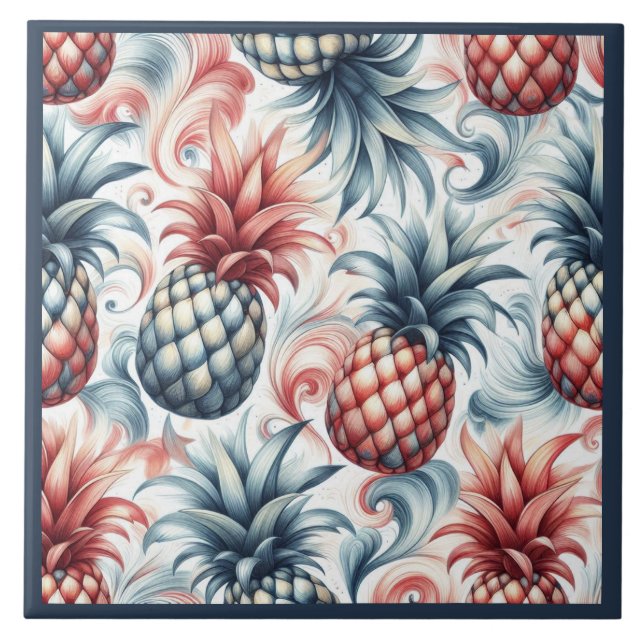 Red, White and Blue Pineapples Ceramic Tile (Front)