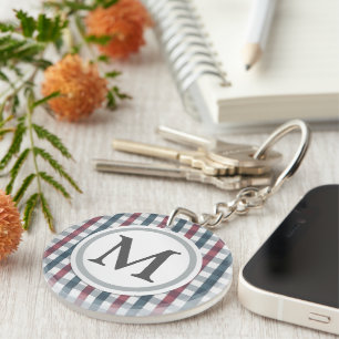 Red, White and Blue Plaid Monogram Key Ring