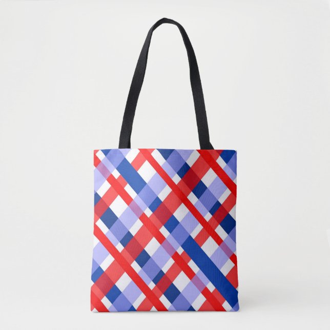 red white and blue plaid pattern tote bag (Front)