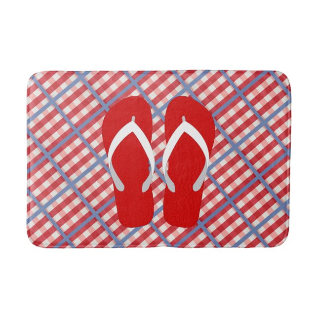 Red, White and Blue Plaid with Flip Flops Bath Mat (Front)