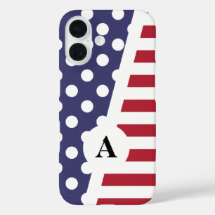 Red White and Blue Polka Dot and Stripe Pattern iPhone 16 Case