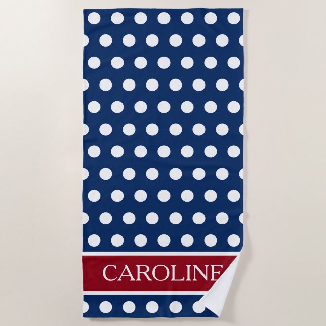 Red White and Blue Polka Dot Personalised Beach Towel (Front)