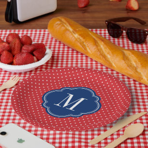 Red White and Blue Polka Dots Monogram Paper Plate