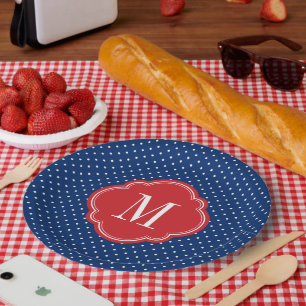 Red White and Blue Polka Dots Monogram Paper Plate