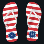 Red White and Blue Preppy Stripes Monogram Thongs<br><div class="desc">Custom printed flip flop sandals with a preppy nautical stripe pattern and your custom monogram or other text in a circle frame. Click Customise It to change text fonts and colours or add your own images to create a unique one of a kind design!</div>