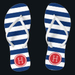 Red White and Blue Preppy Stripes Monogram Thongs<br><div class="desc">Custom printed flip flop sandals with a preppy nautical stripe pattern and your custom monogram or other text in a circle frame. Click Customise It to change text fonts and colours or add your own images to create a unique one of a kind design!</div>