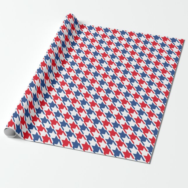 Red White and Blue Repeating Houndstooth Pattern Wrapping Paper (Unrolled)