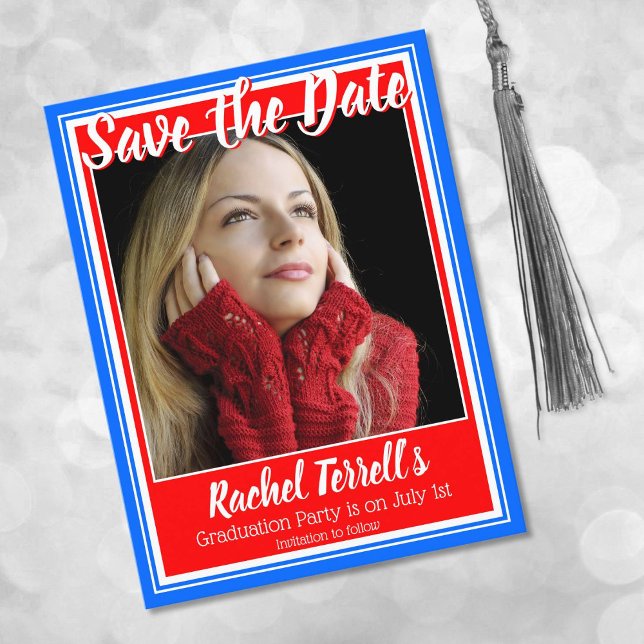 Red White and Blue Save the Date Graduation Announcement Postcard (Creator Uploaded)