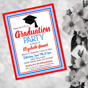 Red White and Blue School Colours Grad Party Invitation Postcard