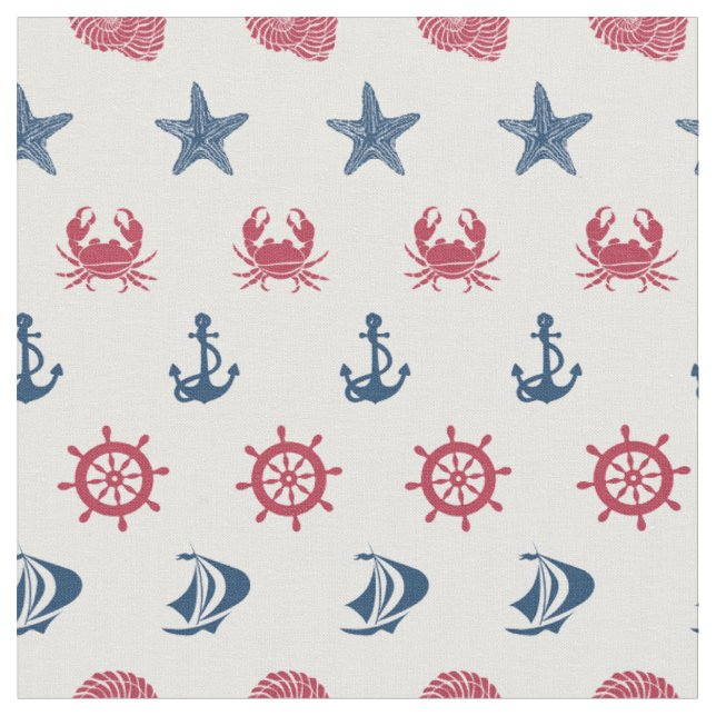 Red White And Blue Sea Symbol Pattern Fabric (Close Up)