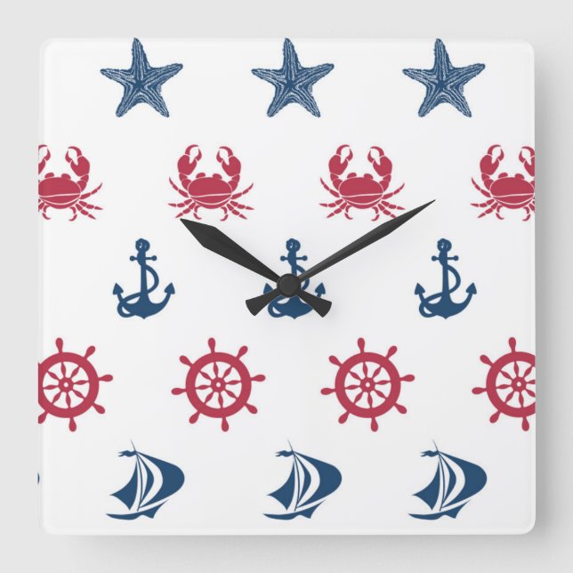 Red White And Blue Sea Symbol Pattern Square Wall Clock (Front)