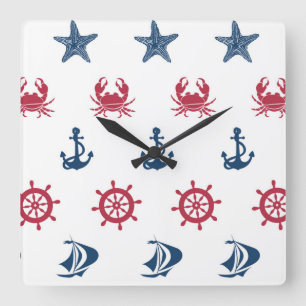 Red White And Blue Sea Symbol Pattern Square Wall Clock