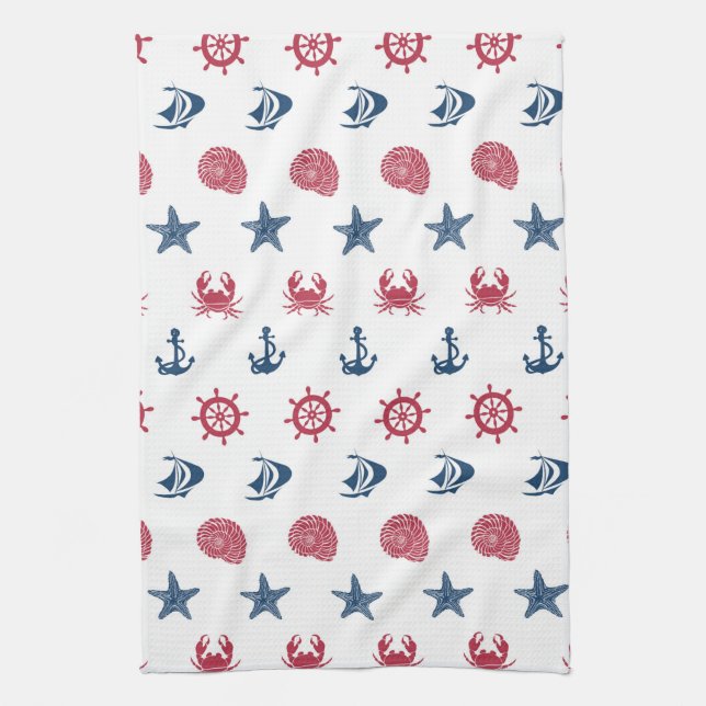 Red White And Blue Sea Symbol Pattern Tea Towel (Vertical)