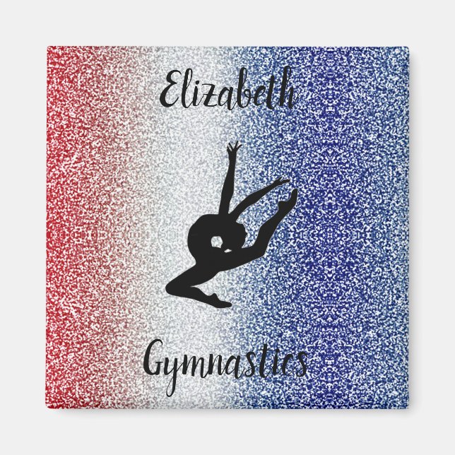Red White and Blue Sparkle Gymnastics Personalised Magnet (Front)
