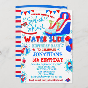 Red White and Blue Splish Splash Waterslide Birthd Invitation