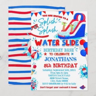 Red White and Blue Splish Splash Waterslide Birthd Invitation