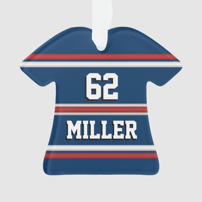 Red White and Blue Sports Jersey Name and Number Ornament (Front)