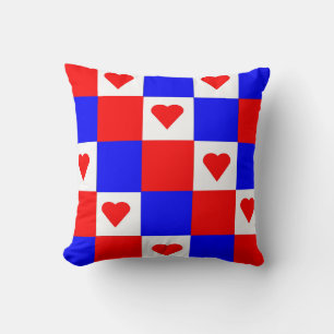 Red, White and Blue Squares with Red Hearts Cushion