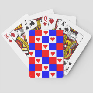 Red, White and Blue Squares with Red Hearts Playing Cards