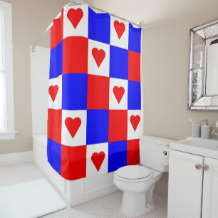 Red, White and Blue Squares with Red Hearts Shower Curtain