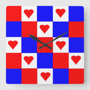 Red, White and Blue Squares with Red Hearts Square Wall Clock