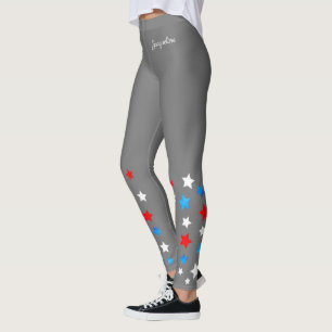 Red White and Blue Stars Add Your Name on GREY Leggings