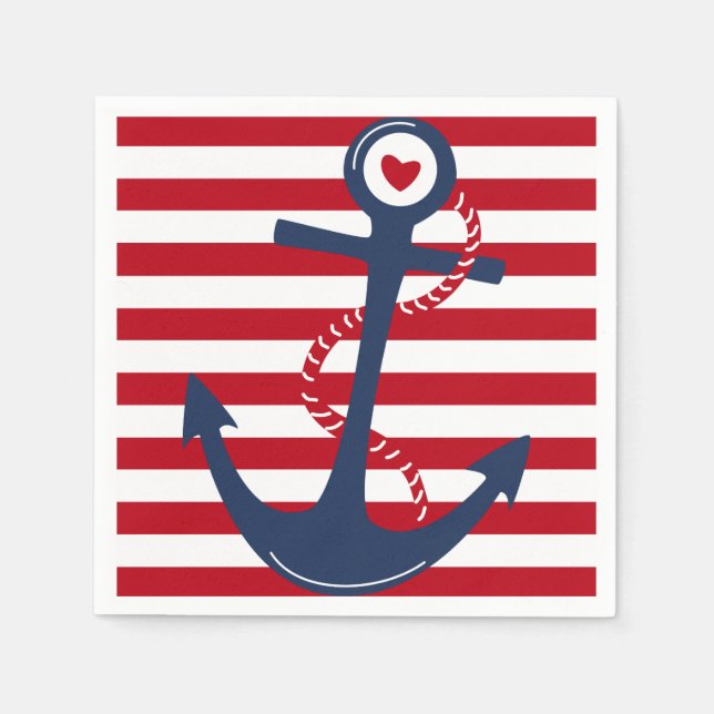 Red White and Blue Stripe Anchor Nautical Event Napkin (Front)