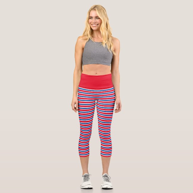Red, White and Blue Striped Pattern Capri Leggings (Front)