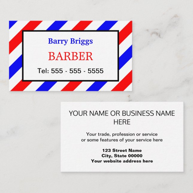Red White and Blue Stripes Barber Business Card (Front/Back)