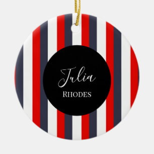 Red, white and blue stripes custom name ceramic ornament