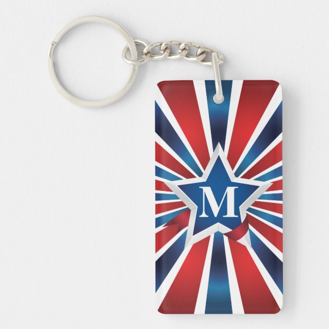Red White and Blue Stripes Monogram Key Ring (Front)