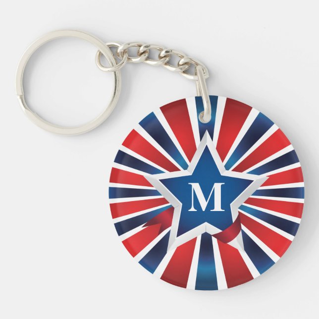 Red White and Blue Stripes Monogram Key Ring (Front)