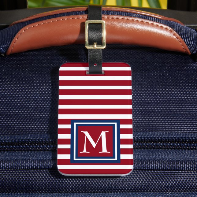 Red White and Blue Stripes Monogram Luggage Tag (Front Insitu 2)