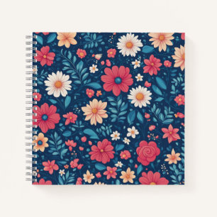 Red White and Blue Stylised Flowers and Foliage Notebook