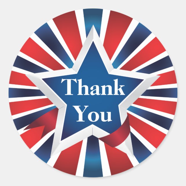 Red White and Blue Sunburst Thank You Classic Round Sticker (Front)