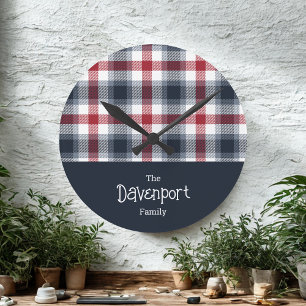 Red White and Blue Tartan Family Name Round Clock