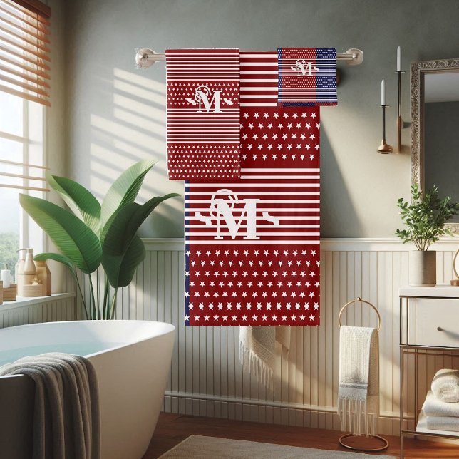 Red White and Blue Theme Stars & Stripes Monogram Bath Towel Set (Red White and Blue Theme Stars & Stripes Monogram Bath Towel Set)