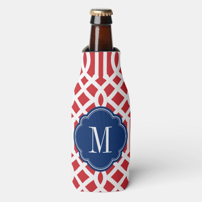 Red White and Blue Trellis Monogram Bottle Cooler (Bottle Front)