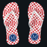 Red White and Blue Trellis Monogram Thongs<br><div class="desc">Custom printed flip flop sandals with a stylish modern trellis pattern and your custom monogram or other text in a circle frame. Click Customise It to change text fonts and colours or add your own images to create a unique one of a kind design!</div>